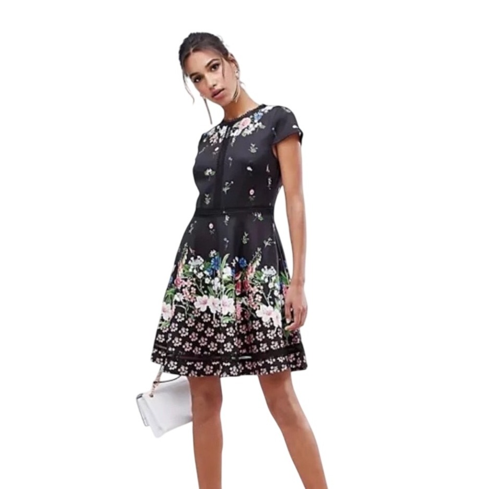 Ted Baker London Chatsworth Floral Skater Dress Black Lace Trim Size 2 US 6